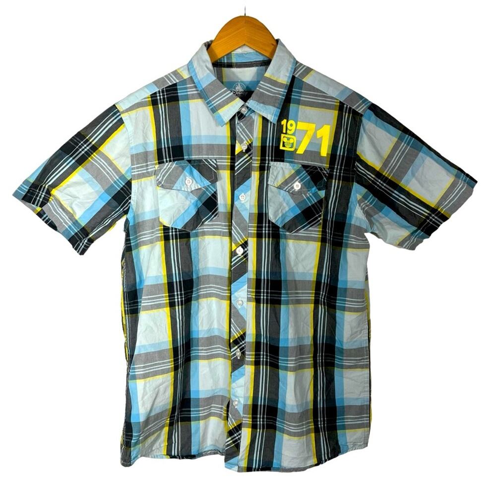 Disney Blue, Grey, and Yellow Plaid Short Sleeve Button Down Shirt size Medium